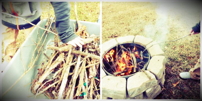 Heidi's oldest builds the pit's first fire.